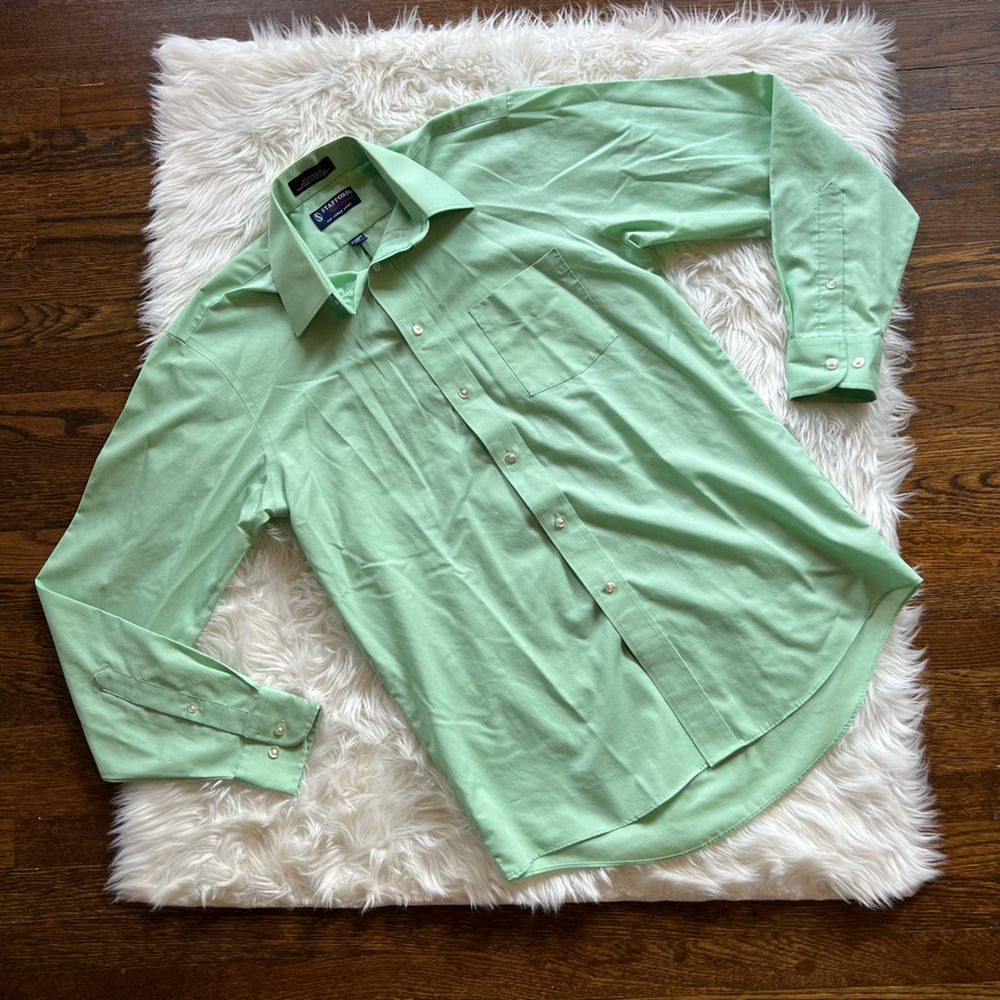 Stafford Mens The Super Dress Shirt Green Classic Fit Collared Pocket 15 34/35